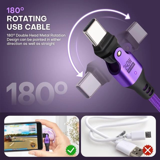 Alt view image 2 of 5 - EndlesShine USB C to C Cable 1.8m Black, 540 Rotation 240W PD Fast Charging 480Mbps Data Transfer, Type C Charger Cord with E-Marker Chip, for Laptop Phone iPad, 2Pack