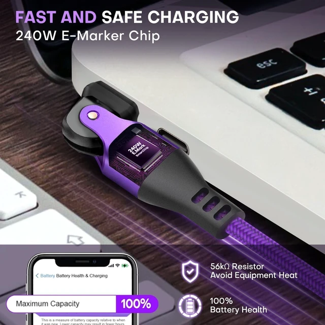 Alt view image 5 of 5 - EndlesShine USB C to C Cable 1.8m Black, 540 Rotation 240W PD Fast Charging 480Mbps Data Transfer, Type C Charger Cord with E-Marker Chip, for Laptop Phone iPad, 2Pack