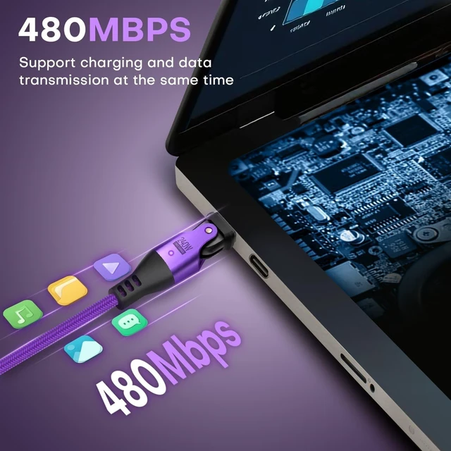 Alt view image 3 of 5 - EndlesShine USB C to C Cable 1.8m Black, 540 Rotation 240W PD Fast Charging 480Mbps Data Transfer, Type C Charger Cord with E-Marker Chip, for Laptop Phone iPad, 2Pack