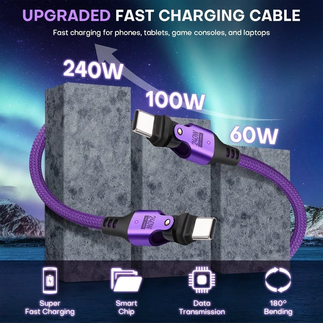 Alt view image 4 of 5 - EndlesShine USB C to C Cable 1.8m Black, 540 Rotation 240W PD Fast Charging 480Mbps Data Transfer, Type C Charger Cord with E-Marker Chip, for Laptop Phone iPad, 2Pack