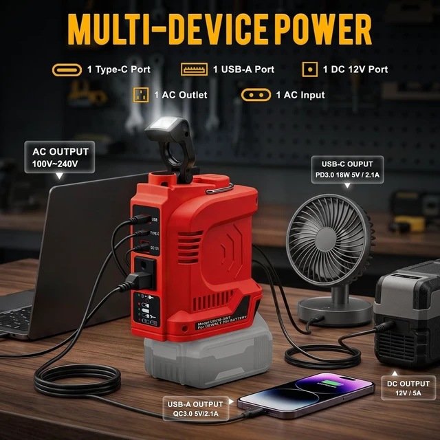 Alt view image 4 of 5 - 180W Portable Power Inverter Compatible with Milwaukee 18V Battery, AC Input Dual Charging, 360 LED Light, Battery Gauge, USB-C PD/USB QC 3.0/DC Port/AC Outlet, for Camping, Emergency Use (Tool Only)