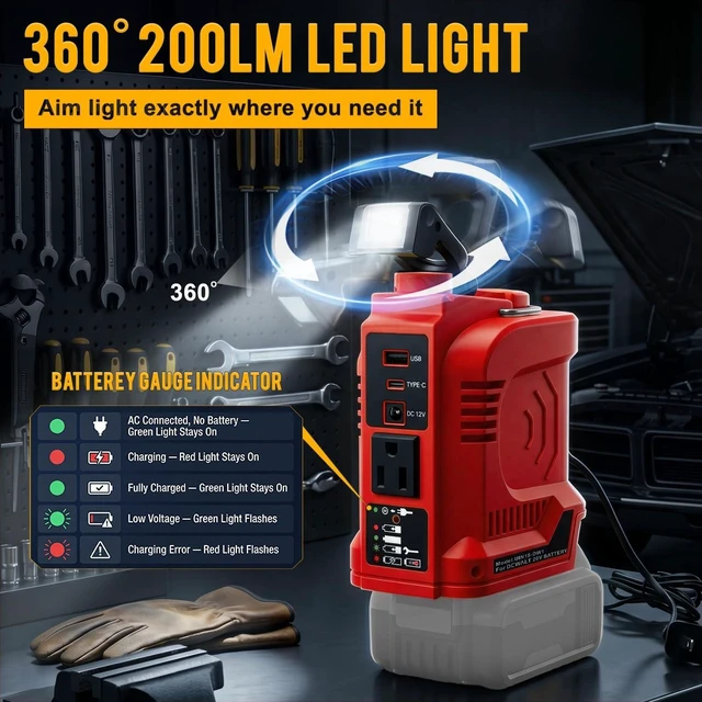Alt view image 3 of 5 - 180W Portable Power Inverter Compatible with Milwaukee 18V Battery, AC Input Dual Charging, 360 LED Light, Battery Gauge, USB-C PD/USB QC 3.0/DC Port/AC Outlet, for Camping, Emergency Use (Tool Only)
