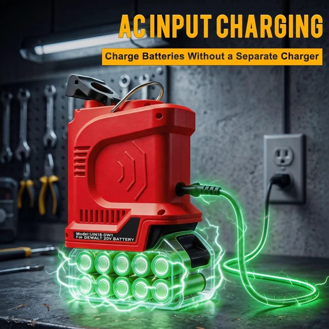 Alt view image 2 of 5 - 180W Portable Power Inverter Compatible with Milwaukee 18V Battery, AC Input Dual Charging, 360 LED Light, Battery Gauge, USB-C PD/USB QC 3.0/DC Port/AC Outlet, for Camping, Emergency Use (Tool Only)