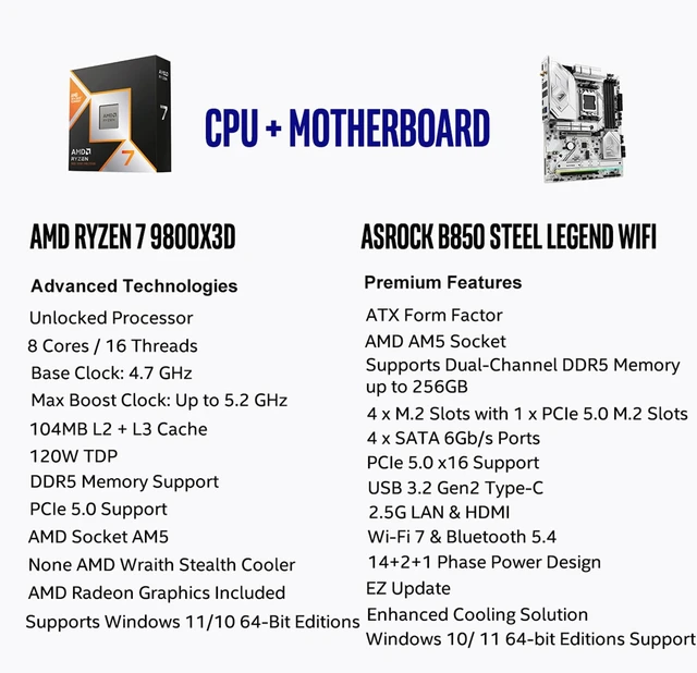 Alt view image 2 of 5 - MICRO CENTER AMD 9800X3D CPU with ASRock B850 Steel Legend Motherboard