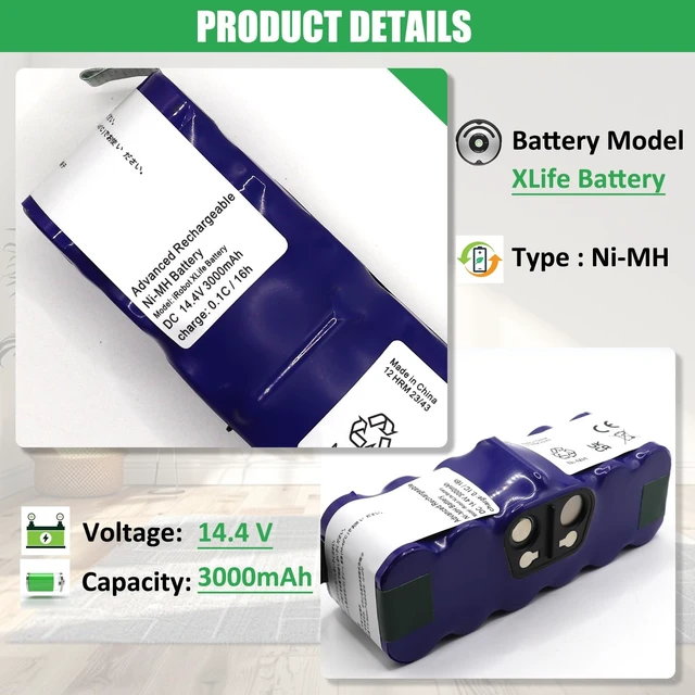 Alt view image 2 of 5 - RHKRKQN XLife Replacement Battery for iRobot Roomba 14.4V 3000mAh