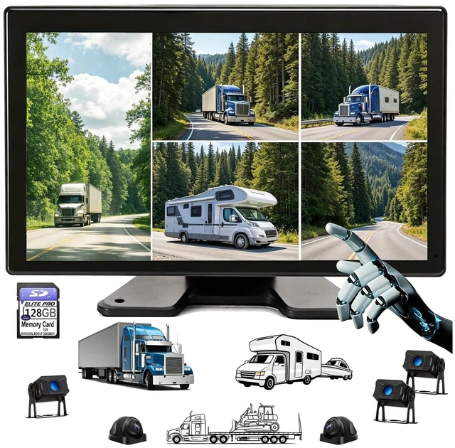 Main image of 5 Split Rader Sensor Touchable 128GB Large Alarm Screen 1080P Backup Camera 10.36-Inch Monitor & Built-in DVR Video for RV Truck Trailer Rear Side Front Reversing View Wired System Image Waterproof