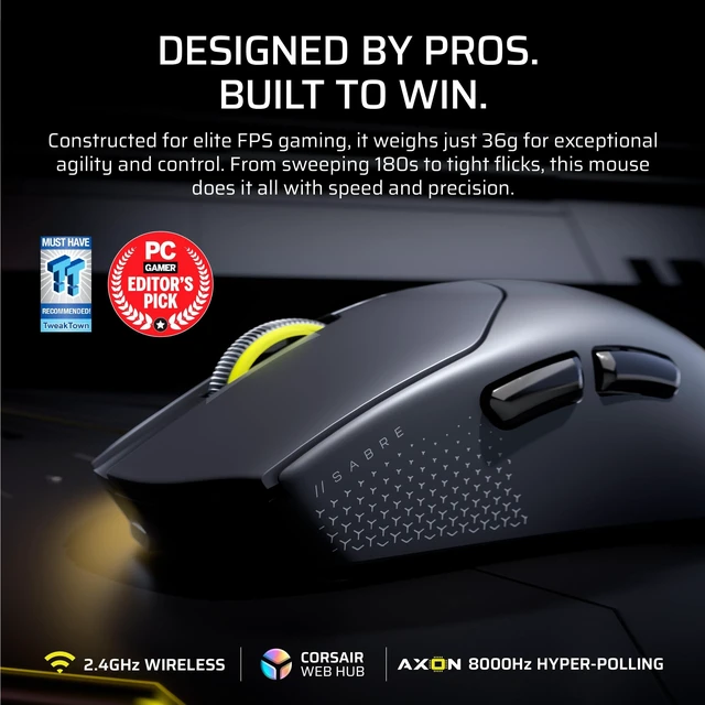 Alt view image 2 of 5 - Corsair Sabre v2 PRO Ultralight FPS Wireless Gaming Mouse 33,000 DPI, 36g Weight, 8,000Hz Hyper-Polling, Mechanical Switches, Up to 70-Hour Wireless Battery Life, Web Hub Black (