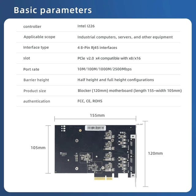 Alt view image 2 of 5 - Buacoz Quad Port Network Card with Intel I226 Chip PCI Express 2.5G Gigabit Ethernet NIC Card POE-Powered Server LAN RJ45 Support Windows 10/11