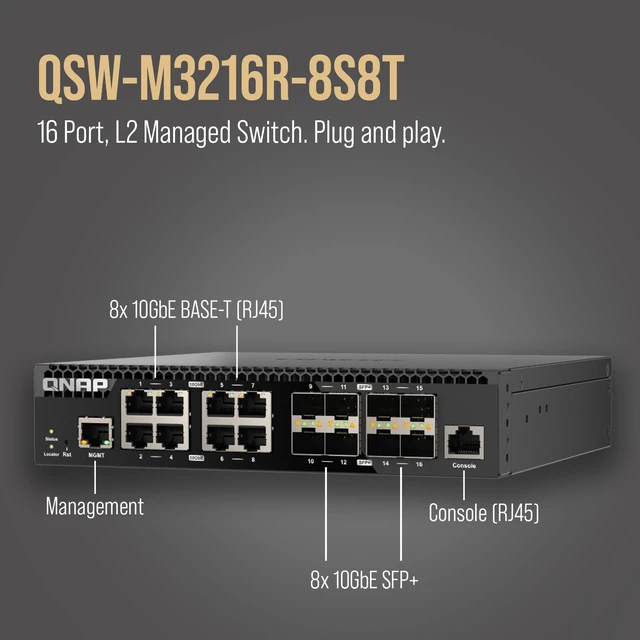 Alt view image 3 of 5 - QNAP QSW-M3216R-8S8T-US 16-Port Half-Width Rackmount 10GbE Switch