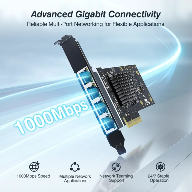 Alt view image 3 of 5 - 4 Port Gigabit PCIe RJ45 Network Card with Intel I350-T4 Controller