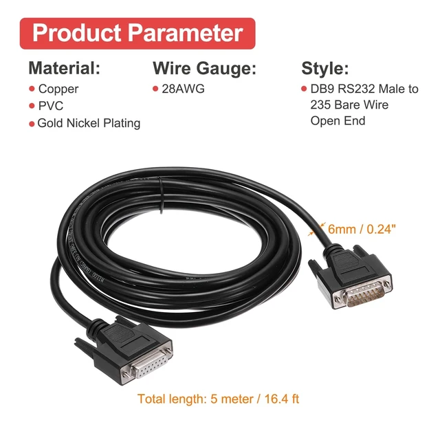 Alt view image 2 of 5 - MECCANIXITY DB15 Serial Cable, 28AWG Aluminium Foil Shielded DB15 Male to Female Straight Through Serial Cable for Data Communication, 16.4 ft
