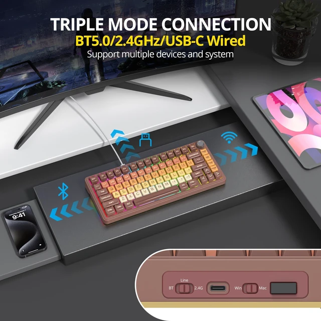 Alt view image 2 of 5 - surmen 75% Brown Wireless Mechanical Keyboard Tri-Mode for PC/Laptop