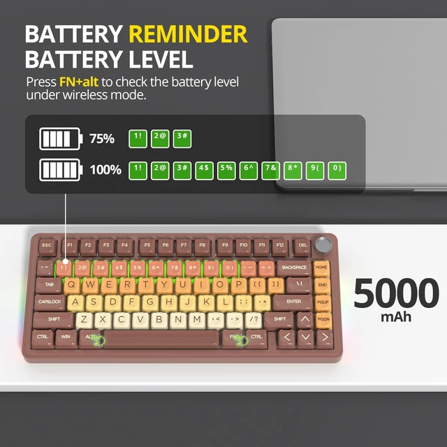 Alt view image 3 of 5 - surmen 75% Brown Wireless Mechanical Keyboard Tri-Mode for PC/Laptop