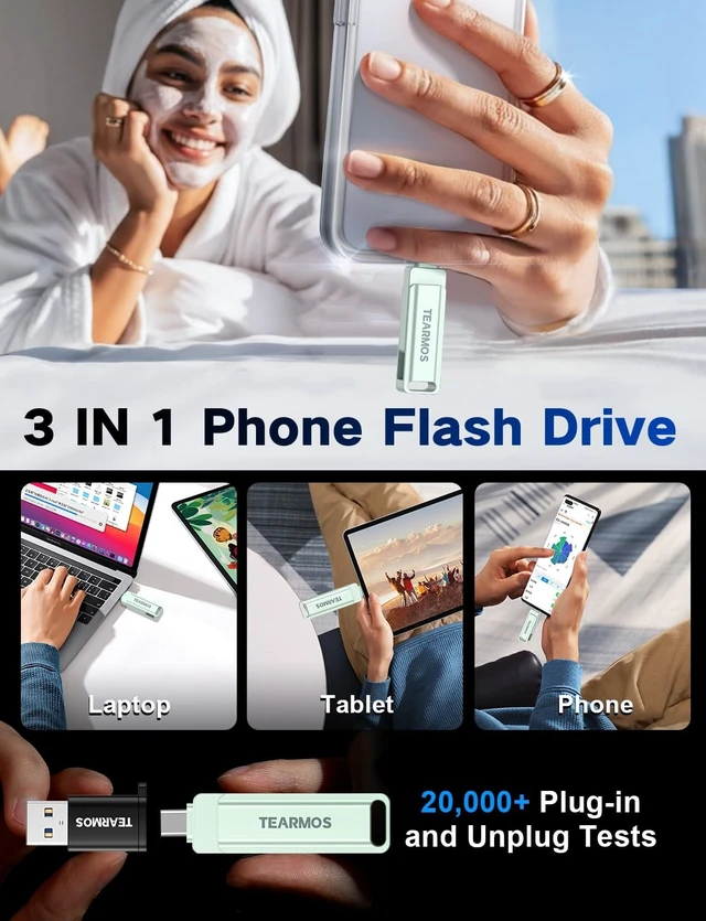Alt view image 2 of 5 - TEARMOS 512GB Photo Stick for iPhone Flash Drive, Memory Stick Phone Storage for Photos and Videos Files Backup, Compatible with iPhone iPad Android PC, Plug & Play, No App Required (Green)