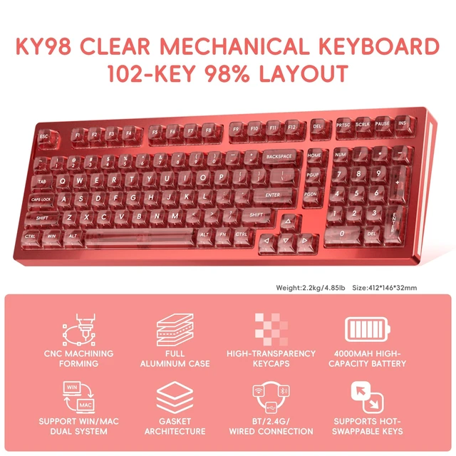 Alt view image 2 of 5 - kutethy KY98 Full Aluminum CNC Mechanical Keyboard with Transparent Keycaps,Hot-swappable,Pre-lubed Clicky Switches,Gasket Structure,RGB Backlit,BT5.0/2.4G/USB-C Wired (Red)