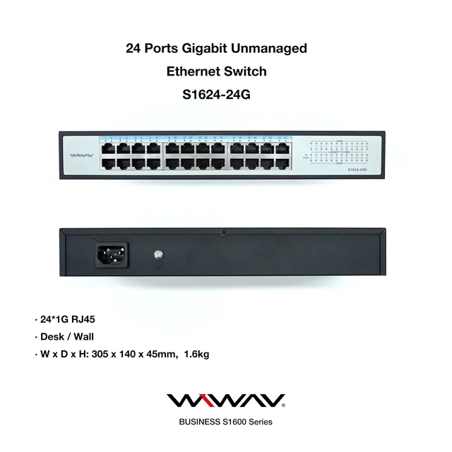 Alt view image 2 of 5 - WIWAV S1624-24G 24-Port Gigabit Unmanaged Ethernet Switches - Full Duplex LAN Hub for Enterprise, Business, Home, Office, NAS, AP, PC, IP Surveillance (Metal, Plug&Play, Fanless)