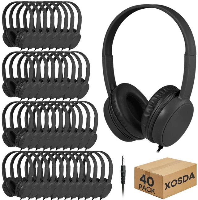 Main image of XOSDA Bulk Headphones 40 Pack for Kids School Classroom Student, Wholesale On Ear Durable Wired Earphones with 3.5mm Jack for Library Airplane Online Learning and Travel (LS30,40 Black)