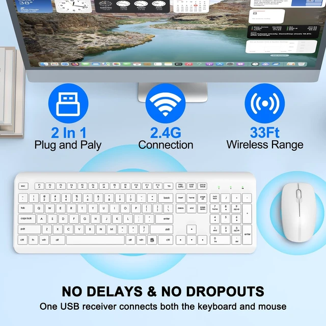 Alt view image 2 of 5 - Wireless Keyboard and Mouse Combo, Full-Size Silent Ergonomic Keyboard and Optical Mouse, Long Battery Life, 2.4GHz Lag-Free Cordless Mice Keyboard for Computer, Mac, Laptop, PC, Windows(White)