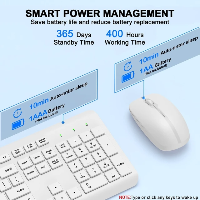 Alt view image 3 of 5 - Wireless Keyboard and Mouse Combo, Full-Size Silent Ergonomic Keyboard and Optical Mouse, Long Battery Life, 2.4GHz Lag-Free Cordless Mice Keyboard for Computer, Mac, Laptop, PC, Windows(White)
