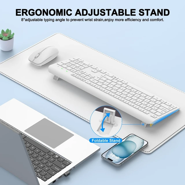 Alt view image 5 of 5 - Wireless Keyboard and Mouse Combo, Full-Size Silent Ergonomic Keyboard and Optical Mouse, Long Battery Life, 2.4GHz Lag-Free Cordless Mice Keyboard for Computer, Mac, Laptop, PC, Windows(White)