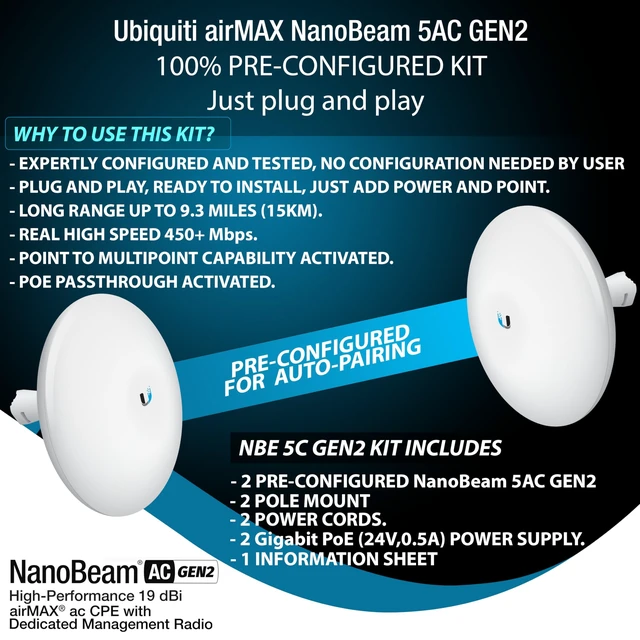 Alt view image 3 of 5 - Wireless Bridge NBE-5AC-GEN2 PRE-CONFIGURED Bundle of 2 Ubiquiti NanoBeam 5AC GEN2, 2 Units Kit 100% Configured as Outdoor Point-to-Point Wi-Fi Bridge, Plug and Play, 450+ Mbps Speed, 15+ km Ra