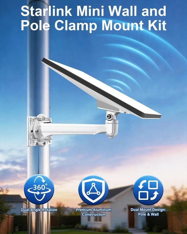 Alt view image 2 of 5 - LOBOTOKO Starlink Mini Wall and Pole Clamp Mount, 360 Adjustable Heavy-Duty Aluminum Alloy Bracket, Rustproof Anti-Corrosion, Multi-Purpose Mount Fits Wall, Pole, Pipe & Railing, Home & Outdoor Use