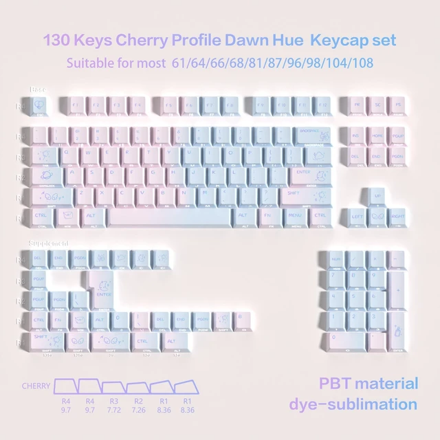 Alt view image 2 of 5 - Dawn Hue Keycaps 130 Keys - Side Printed Shine Through PBT Dye-Sublimation Keycap Set, Cherry Profile, Pastel Pink Blue Gradient for 60% 65% 75% 100% Cherry MX Mechanical Keyboard