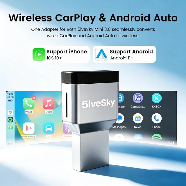 Alt view image 2 of 5 - 5iveSky Wireless CarPlay Adapter for iPhone, CarPlay Wireless Adapter for Factory Wired CarPlay & Android Auto, Plug & Play Android Auto Wireless Adapter, WiFi 6 & Bluetooth 5.3