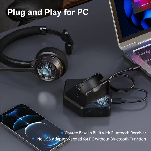 Alt view image 2 of 5 - Beebang Bluetooth Headset with Microphone & Mute Button, 30 Hrs Working Time, Mono Noise Cancelling for PC Laptop Teams Zooms Work Business Meeting