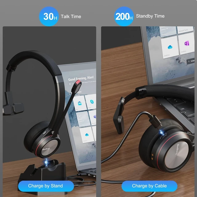 Alt view image 5 of 5 - Beebang Bluetooth Headset with Microphone & Mute Button, 30 Hrs Working Time, Mono Noise Cancelling for PC Laptop Teams Zooms Work Business Meeting