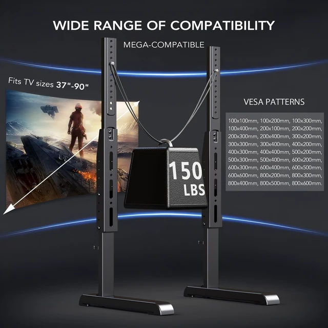 Alt view image 5 of 5 - AX WABER Table Top TV Stand with Height Adjustable TV Legs Replacement for Most 37-86 Inch Flat Curved TVs,Steel TV Base Feet Holds up to 150 lbs with Cable Management, Max VESA 800x600mm Black