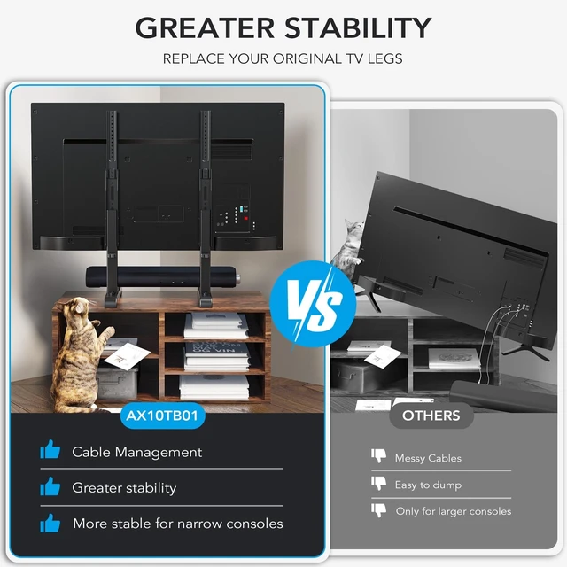 Alt view image 4 of 5 - AX WABER Table Top TV Stand with Height Adjustable TV Legs Replacement for Most 37-86 Inch Flat Curved TVs,Steel TV Base Feet Holds up to 150 lbs with Cable Management, Max VESA 800x600mm Black