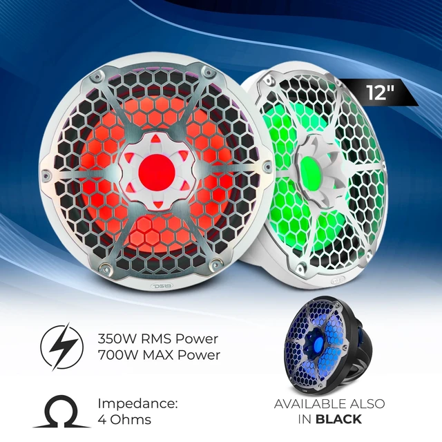 Alt view image 2 of 5 - DS18 NXL-12SUB/WH Hydro 12" Marine Audio Subwoofer 700 Watts Max 350 Watts RMS 4 Ohms with Integrated RGB Lights and Cover - Weatherproof Bass - IP65 Marine Grade - 1 Speaker