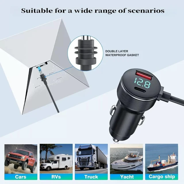 Alt view image 2 of 5 - Starlink Mini 3 in 1 Car Charger DC Cable, Cigarette Lighter Adapter Digital Display USB C PD40W USB A 35W 10FT for Cars Trucks