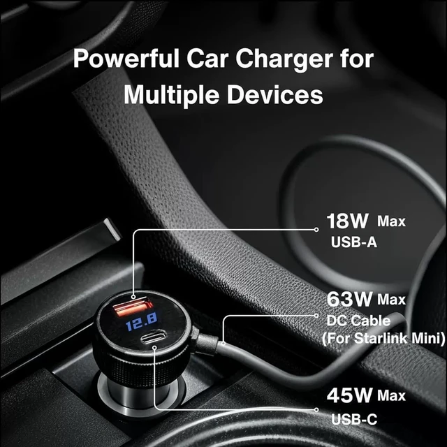 Alt view image 4 of 5 - Starlink Mini 3 in 1 Car Charger DC Cable, Cigarette Lighter Adapter Digital Display USB C PD40W USB A 35W 10FT for Cars Trucks