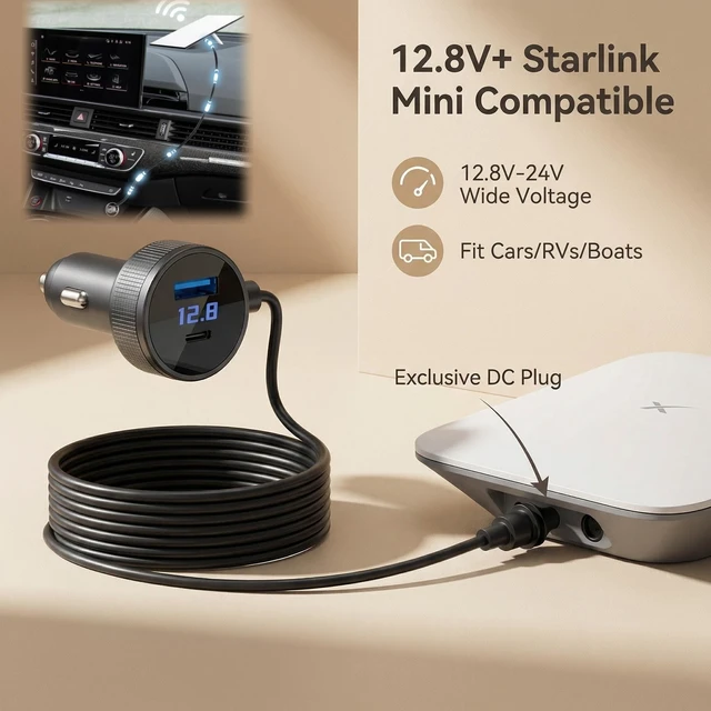 Alt view image 3 of 5 - Starlink Mini 3 in 1 Car Charger DC Cable, Cigarette Lighter Adapter Digital Display USB C PD40W USB A 35W 10FT for Cars Trucks