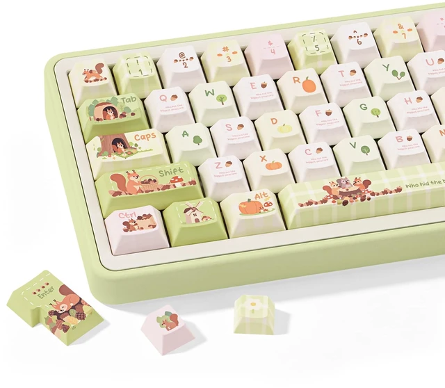 Main image of KEYFLICK Pinecone Adventure Green White PBT Keycaps Cute Key Cap MX Switch
