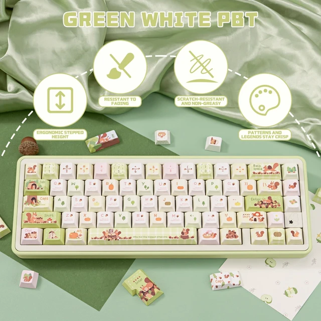 Alt view image 3 of 5 - KEYFLICK Pinecone Adventure Green White PBT Keycaps Cute Key Cap MX Switch
