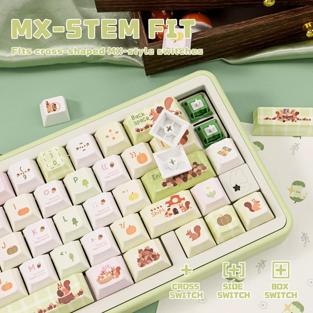 Alt view image 4 of 5 - KEYFLICK Pinecone Adventure Green White PBT Keycaps Cute Key Cap MX Switch