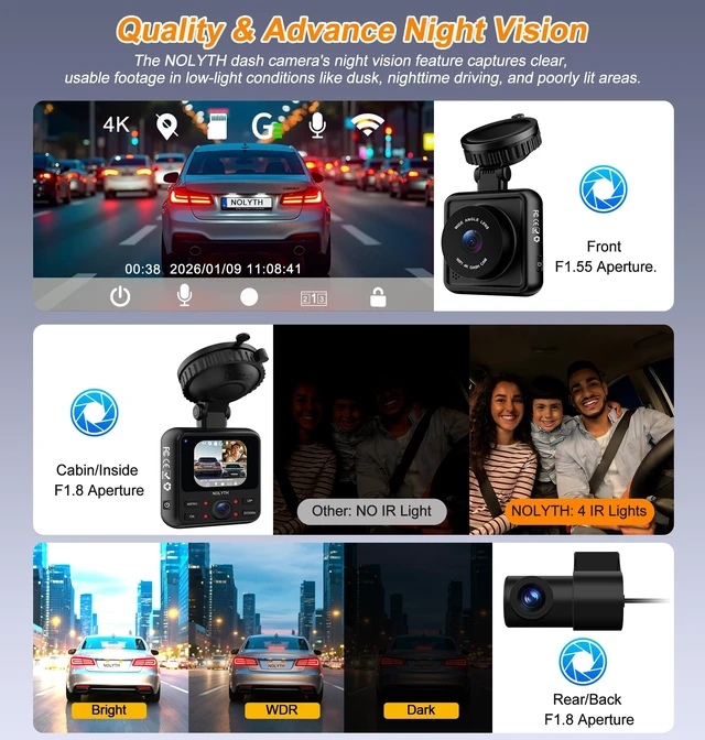 Alt view image 4 of 5 - NOLYTH 3 Channel Dash Camera for Cars, 4K+2K+1080P Crystal Clear Easy Setup