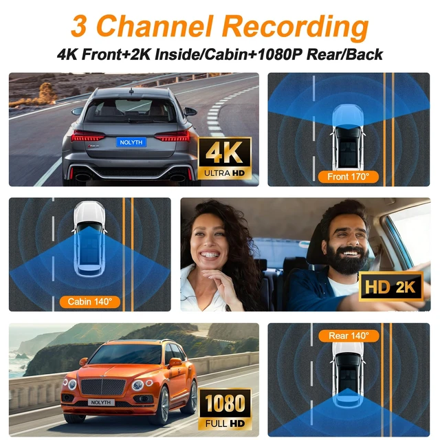 Alt view image 3 of 5 - NOLYTH 3 Channel Dash Camera for Cars, 4K+2K+1080P Crystal Clear Easy Setup