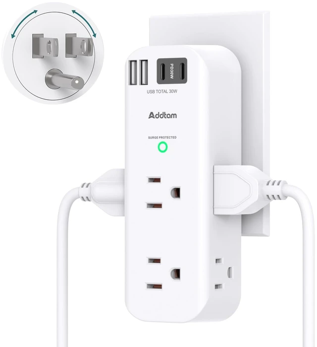 Main image of Addtam 30W USB C Outlet Extender Surge Protector, Rotating Plug