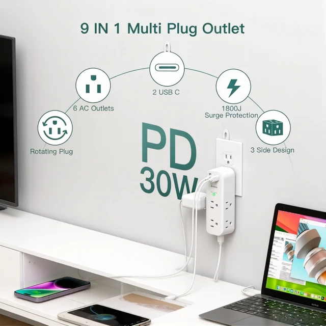 Alt view image 2 of 5 - Addtam 30W USB C Outlet Extender Surge Protector, Rotating Plug