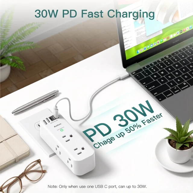 Alt view image 3 of 5 - Addtam 30W USB C Outlet Extender Surge Protector, Rotating Plug