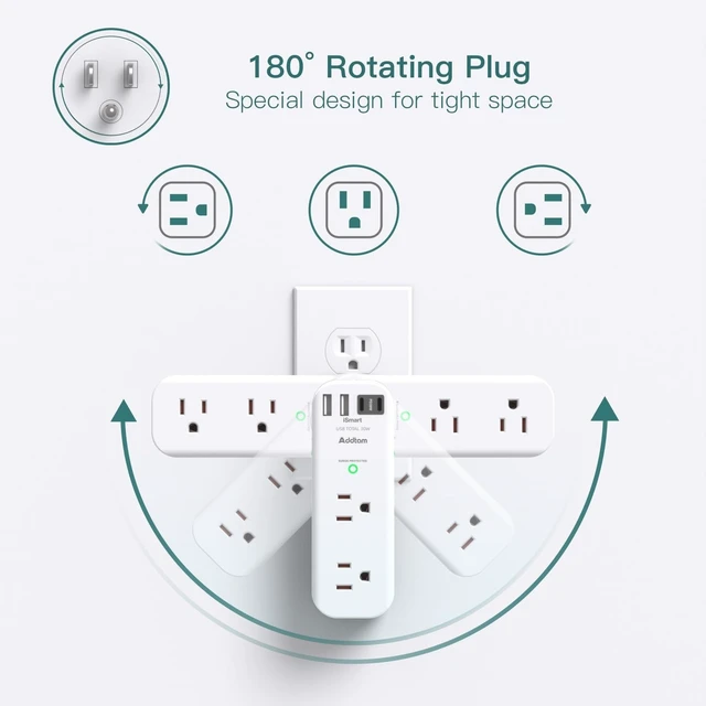 Alt view image 4 of 5 - Addtam 30W USB C Outlet Extender Surge Protector, Rotating Plug