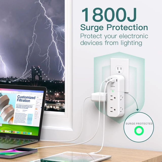 Alt view image 5 of 5 - Addtam 30W USB C Outlet Extender Surge Protector, Rotating Plug