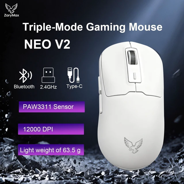 Alt view image 2 of 5 - ZaryMax NEO V2 Bluetooth Gaming Mouse, Tri-Mode, 55g, 12000DPI RGB, White
