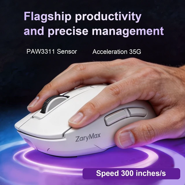Alt view image 3 of 5 - ZaryMax NEO V2 Bluetooth Gaming Mouse, Tri-Mode, 55g, 12000DPI RGB, White