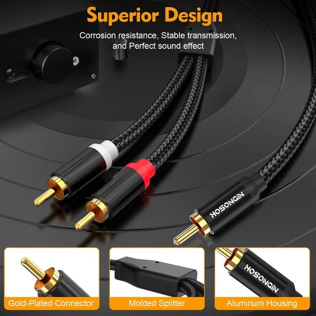 Alt view image 3 of 5 - HOSONGIN RCA Y Splitter Cable, 3.3Ft, 2Pack, 1 Male to 2 Male Audio Cable, Gold-Plated, Noise-Free Durable Braided Design RCA Adapter for Subwoofers, Amplifiers, TVs, Home Theater, Hi-Fi Systems