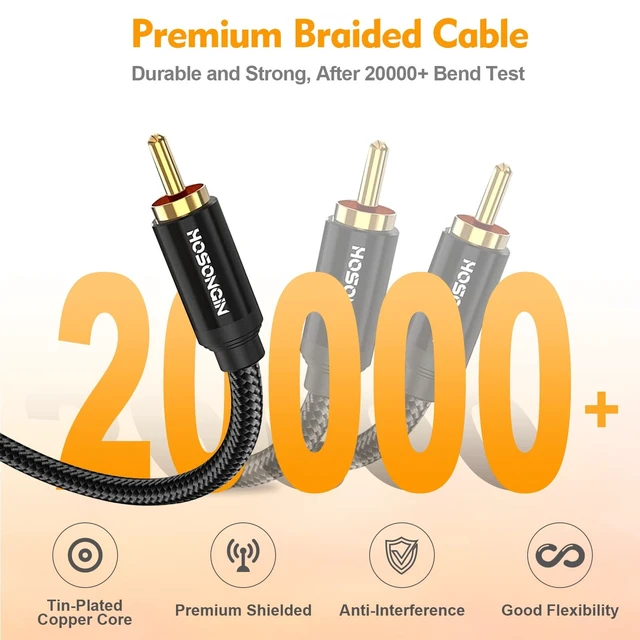 Alt view image 4 of 5 - HOSONGIN RCA Y Splitter Cable, 3.3Ft, 2Pack, 1 Male to 2 Male Audio Cable, Gold-Plated, Noise-Free Durable Braided Design RCA Adapter for Subwoofers, Amplifiers, TVs, Home Theater, Hi-Fi Systems